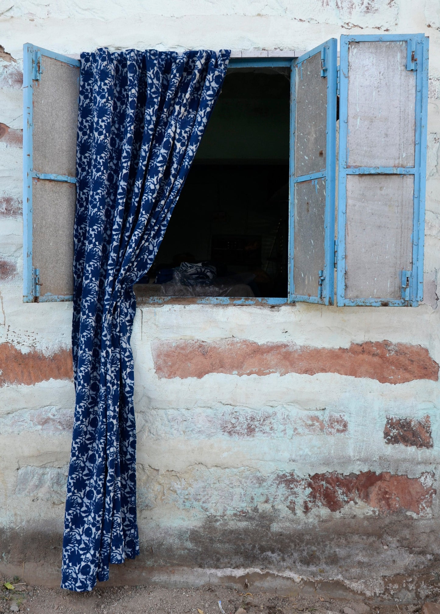 Boho Window Curtain - Blue Flowers Cotton Panel