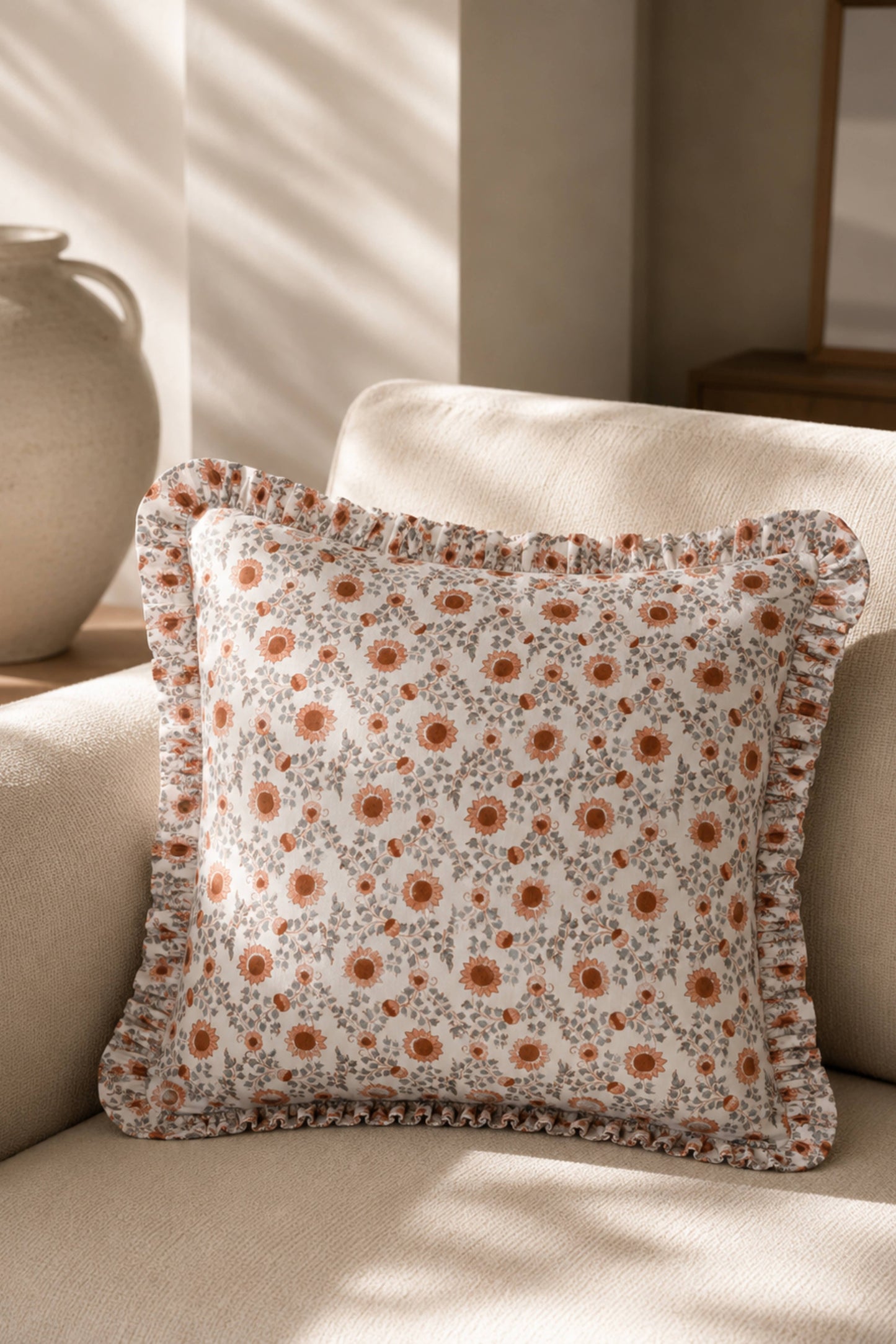 Apricot & Sage Ruffle Blockprint Pillow Cover