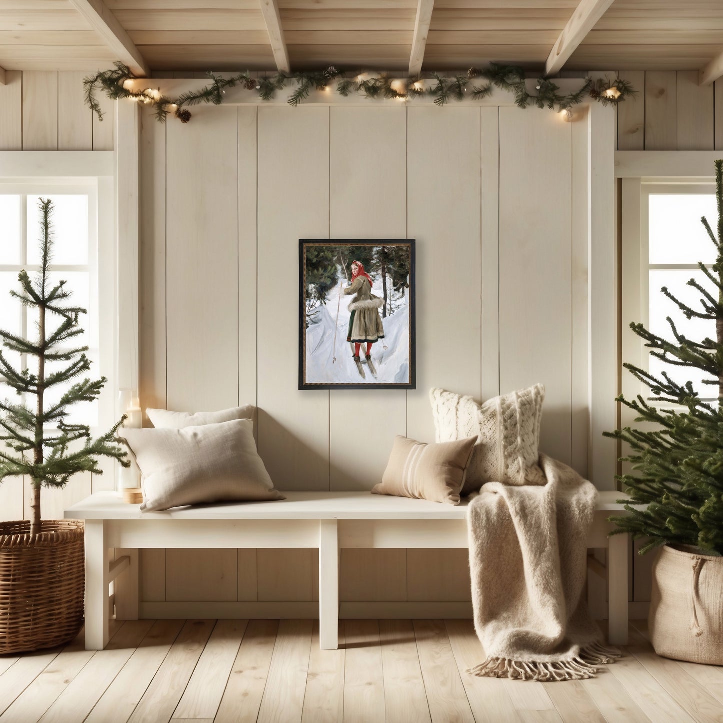 Vintage Oil Painting of Woman Skiing