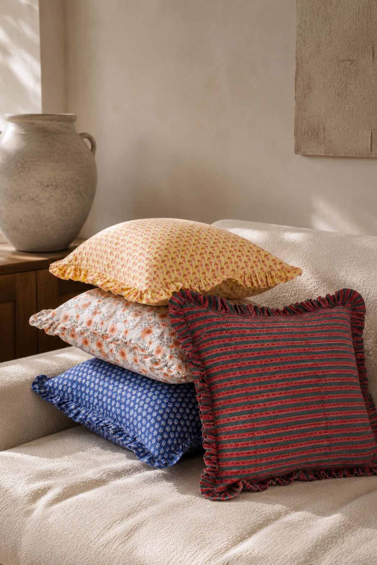 Sunwashed Floral Yellow Ruffle Blockprint Pillow Cover