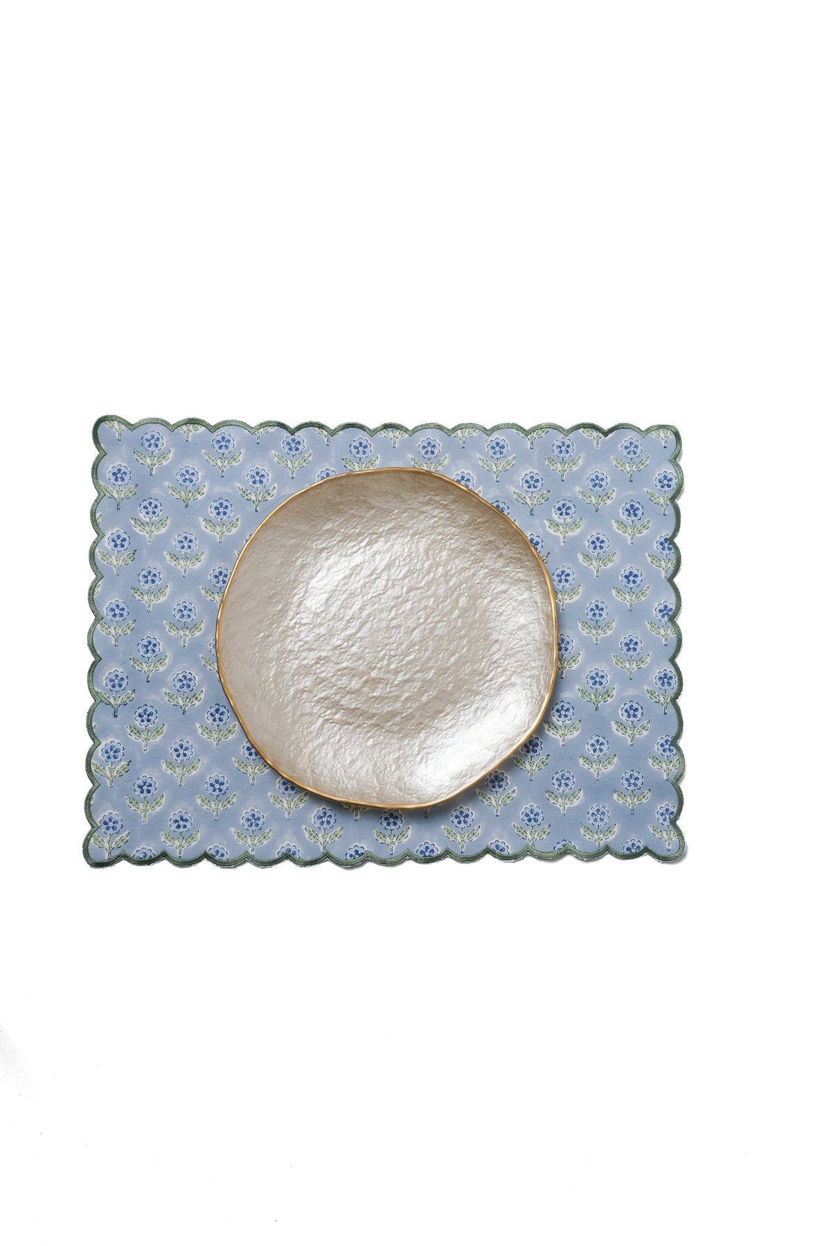 Mona Scallop Embroidered Blockprint Placemat in Blue, Set of 2