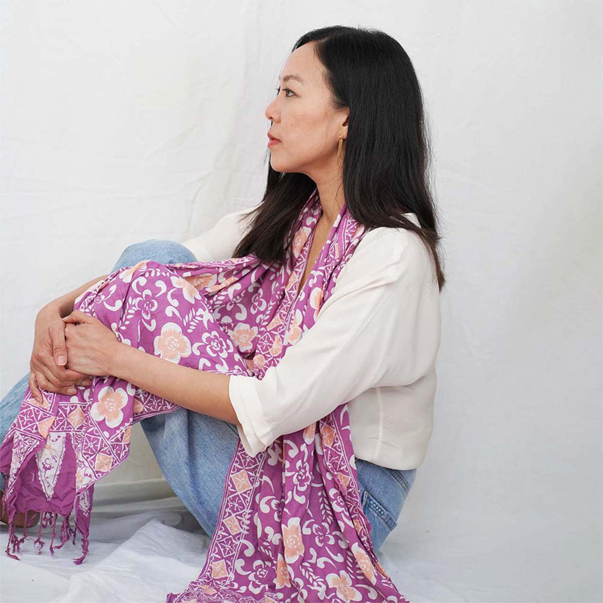 Handmade Batik Scarf, Cotton, Plumeria, Pink, Purple, Peach - Osadia Concept Store