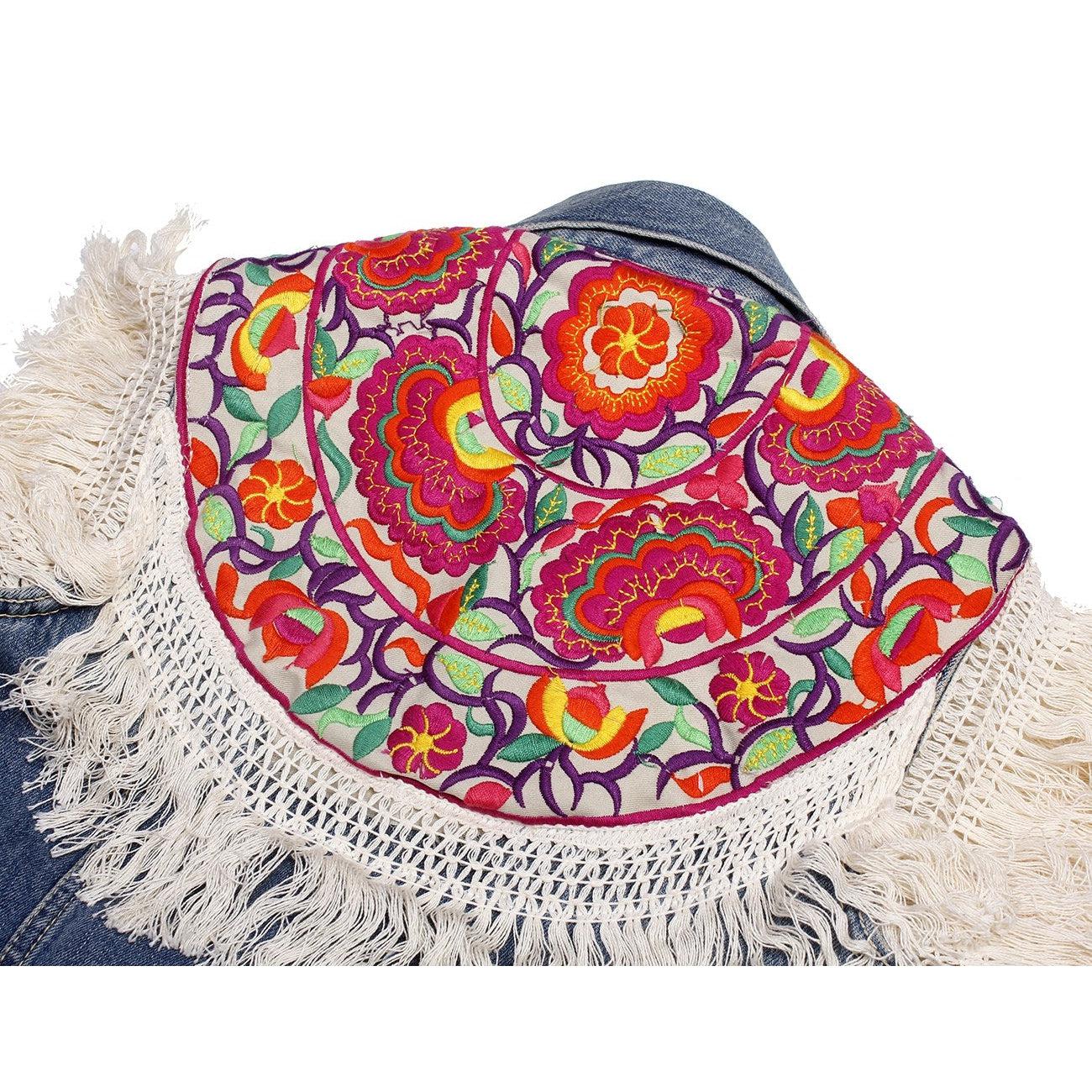 One of Kind Demin Embroidered Vest with Upcycled Hmong Fabrics - Thailand