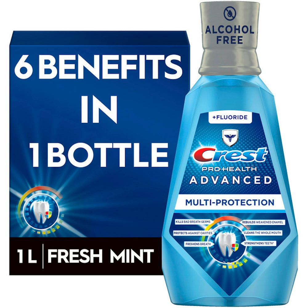 Crest Pro Health Advanced Alcohol Free Anticavity Fluoride Mouthwash Extra Deep Clean Fresh Mint Contains CPC (cetylpyridinium Chloride) Inactive Ingredient, 1 L (33.8 Fl Oz)
