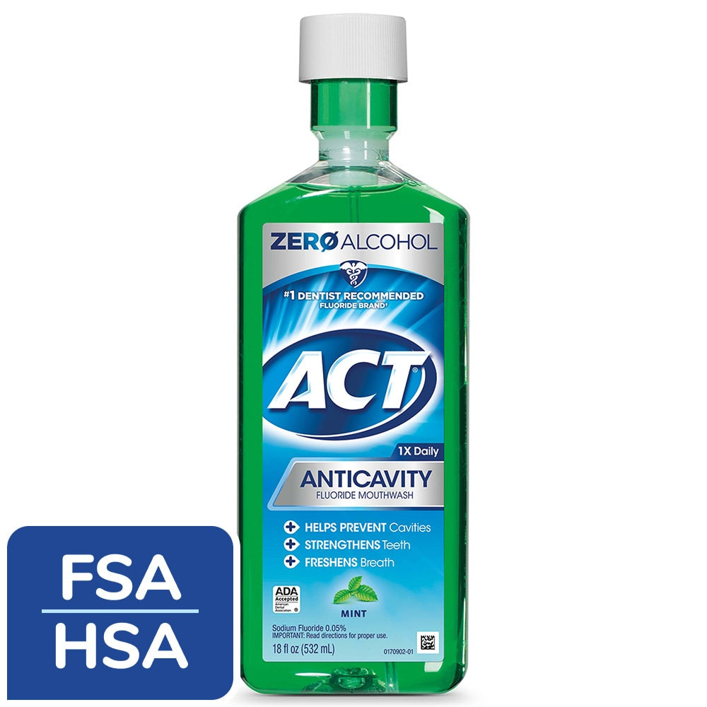 ACT Mouthwash, Fluoride, Anticavity, Zero Alcohol, Mint 18 Fl Oz