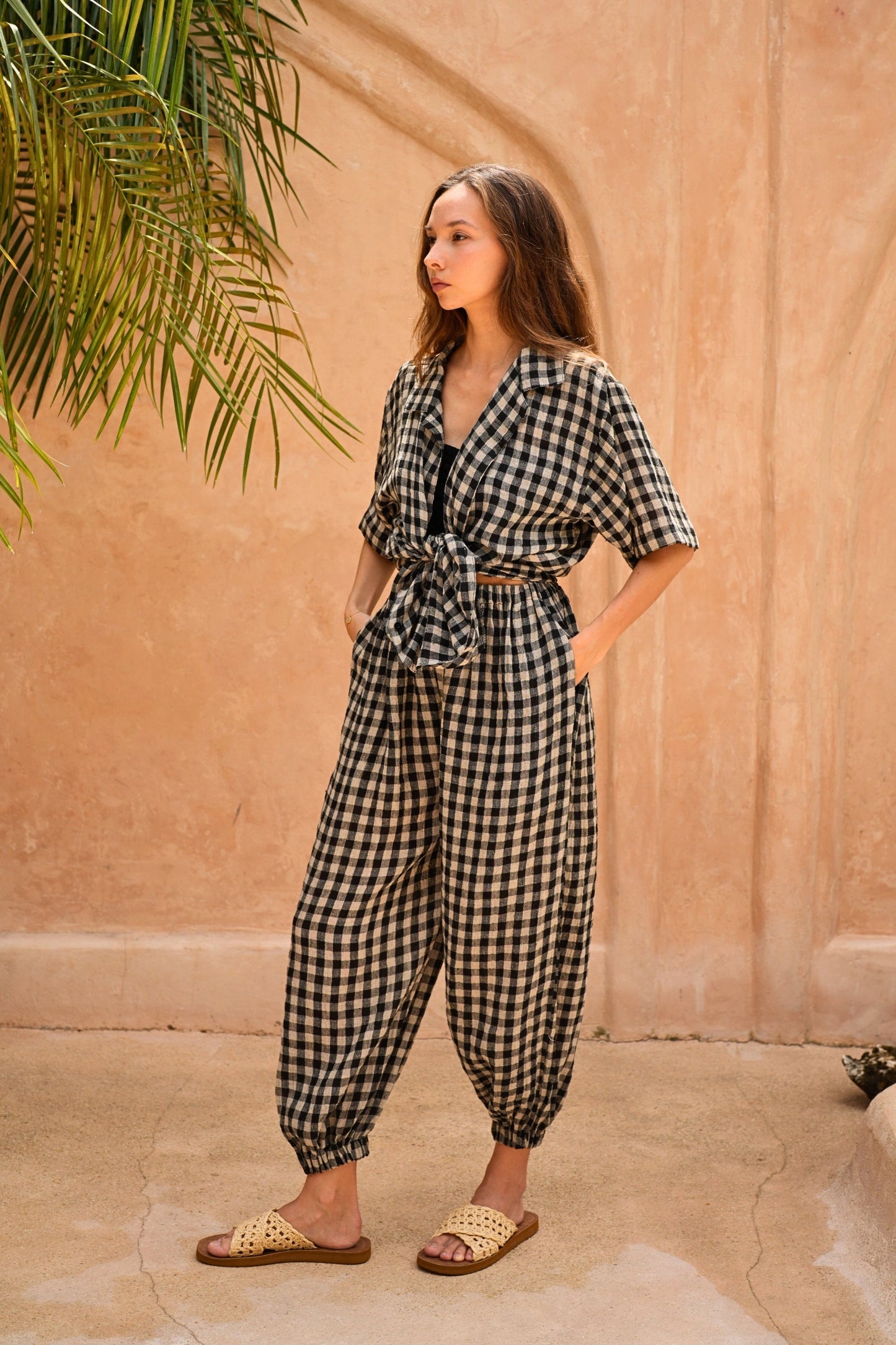 Vanessa Linen Gingham Balloon Pants in Black