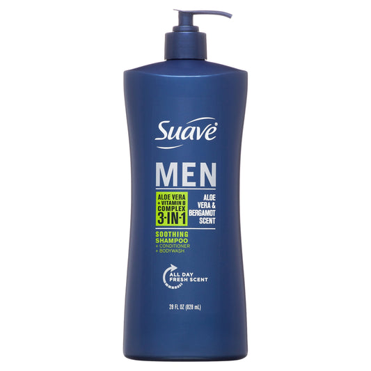 Suave Men Shampoo, Conditioner, Body Wash 3 In 1, Aloe Vera + Vitamin B7, 28 Oz