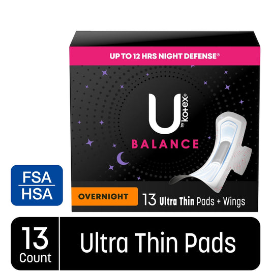 U by Kotex Balance Pads + Wings, Ultra Thin, Overnight