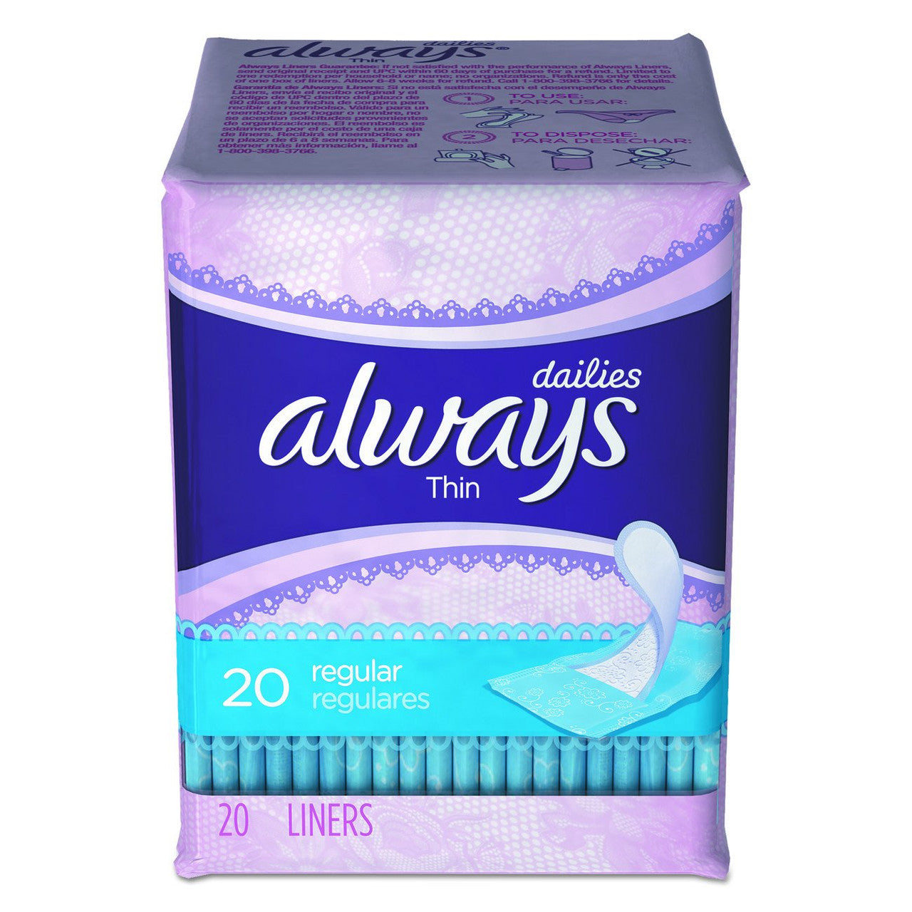 Always Regular Thin Pantiliner Unscented, 20 Count, 24 Per Case