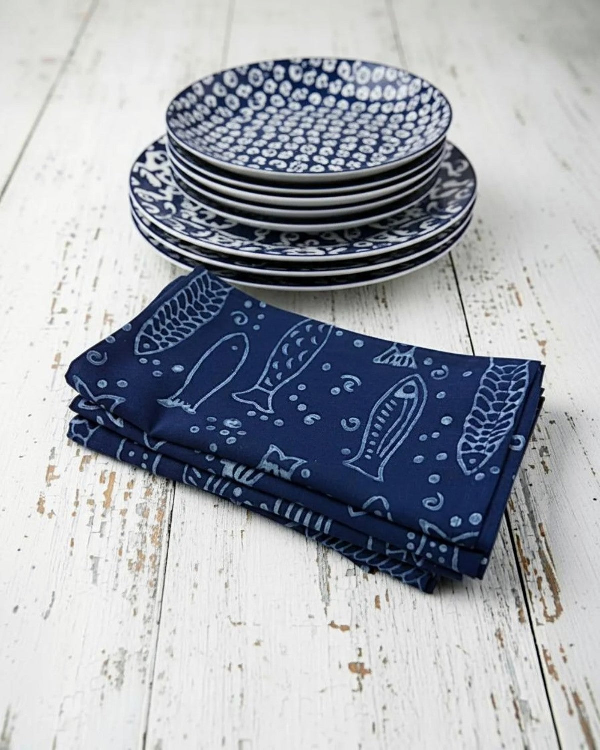 Set of 4 Navy Hand Block Print Cotton Napkins, Fish Pattern Coastal Table Linens