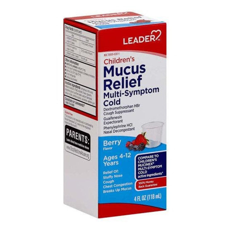 Leader Health Care Childrens Liquid Mucus Relief Multi Symptom Cold, 4 Oz