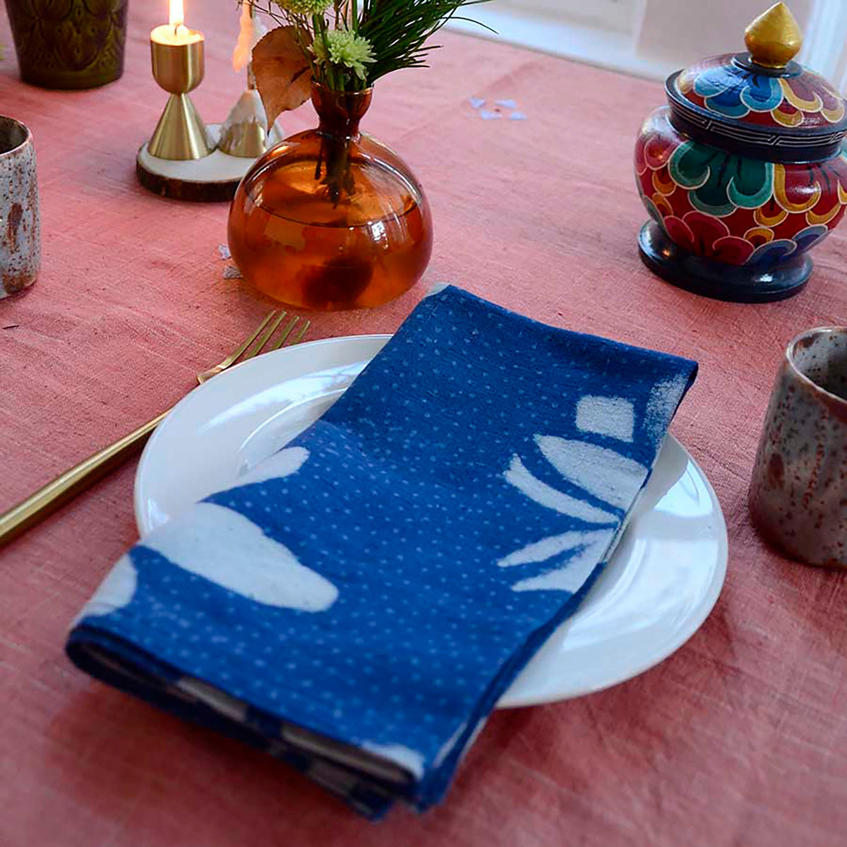 Hand Block Printed Blue Lotus Napkin (Set of 4) - Lotus Blue