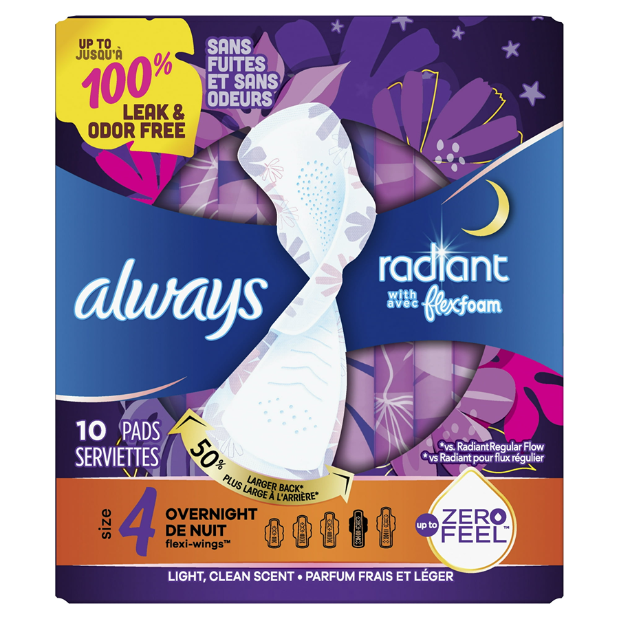 Always Radiant Pads, With Flex Foam, Overnight, Light, Clean Scent, Size 4