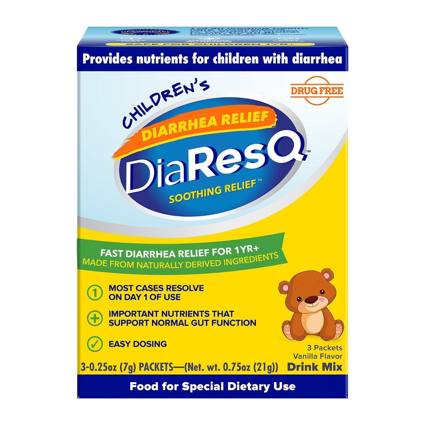 DiaResQ Children's Soothing Diarrhea Relief Drink Mix Packets Vanilla Flavor