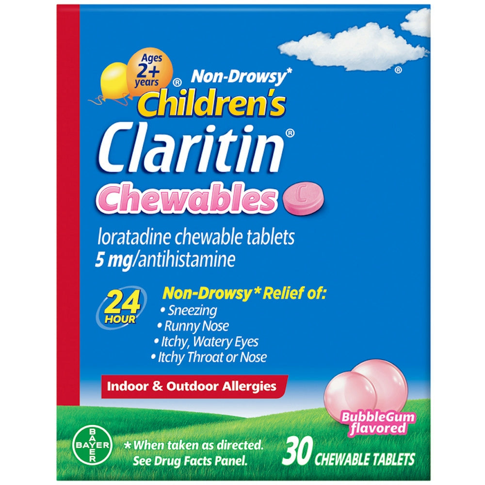 Claritin Indoor & Outdoor Allergies, Non-Drowsy, 5 Mg, Chewable Tablets, BubbleGum Flavored, Ages 2+ Years