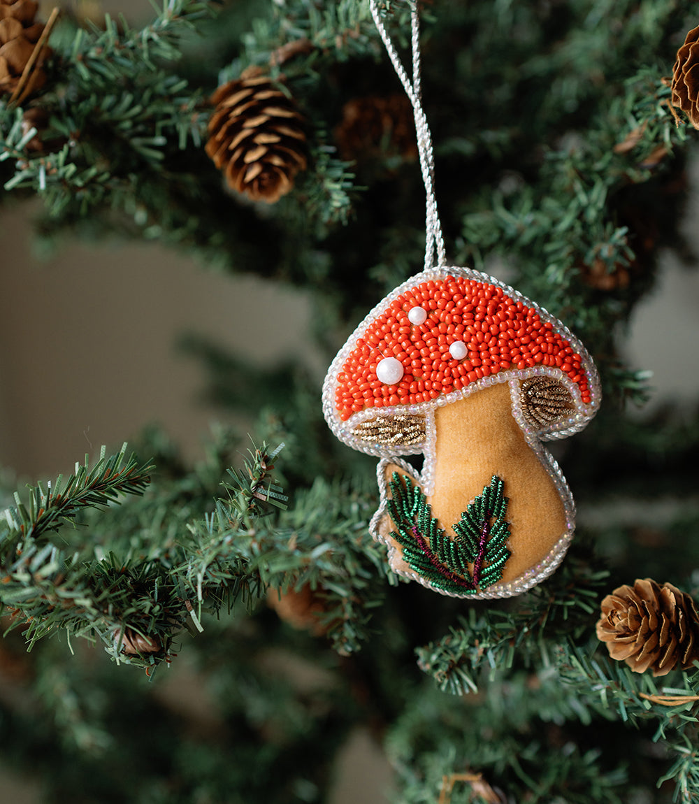 Larissa Plush Mushroom Beaded Felt Ornament - Embroidered - Osadia Concept Store