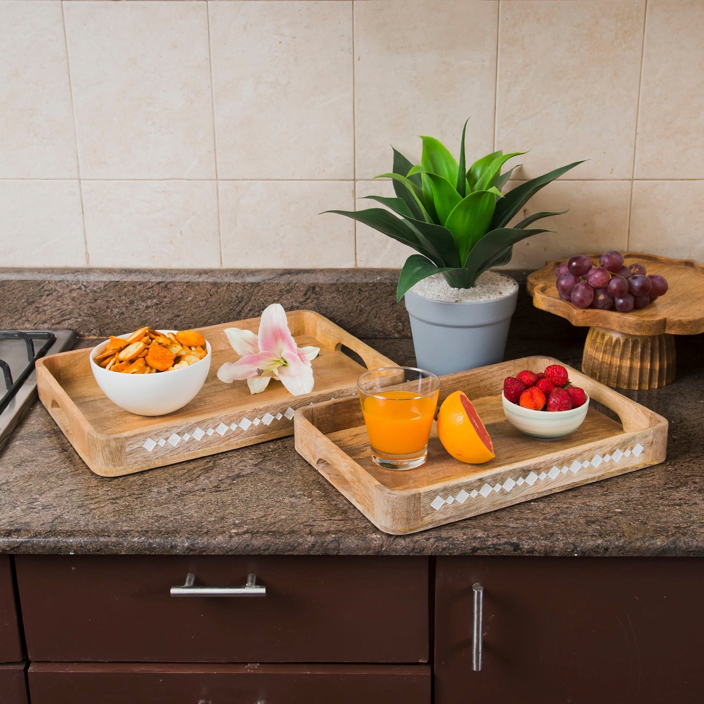 Artisan's Grace Carved Wooden Tray Set of 2