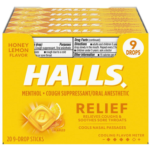 Halls Relief Honey Lemon Cough Drops - 9 Drop Stick