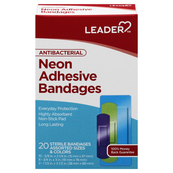 Leader Health Care Antibacterial Neon Adhesive Bandages Assorted