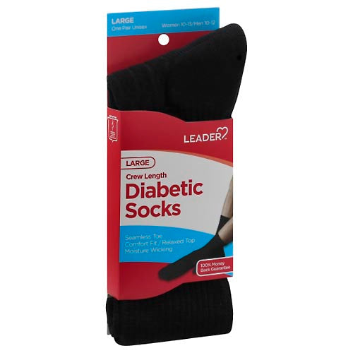 Leader Diabetic Sock Crew Black Large - 1 Pair