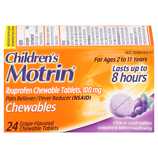Motrin Children's Ibuprofen 100 Mg Chewable Tablets, Grape