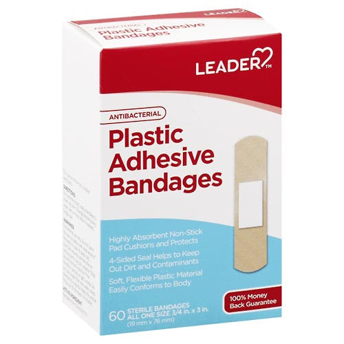 Leader Antibacterial Bandages Plastic 3/4inch 60ct 096295123913A075