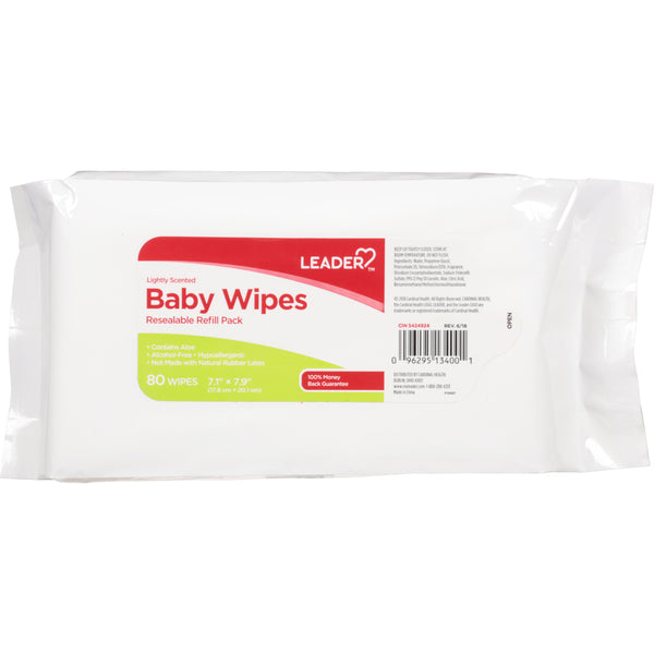 Leader Baby Wipes, Lightly Scented, Resealable, Refill Pack, 80ea