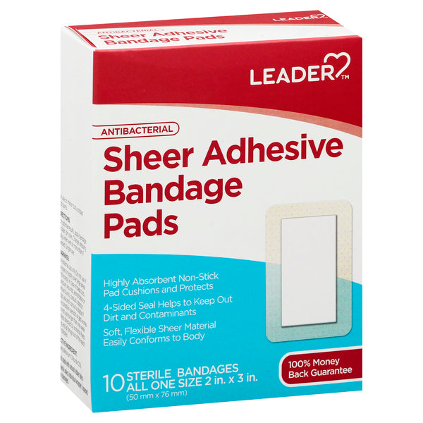 Leader Adhesive Bandage Pads, Sheer, Antibacterial, All One Size,10ea