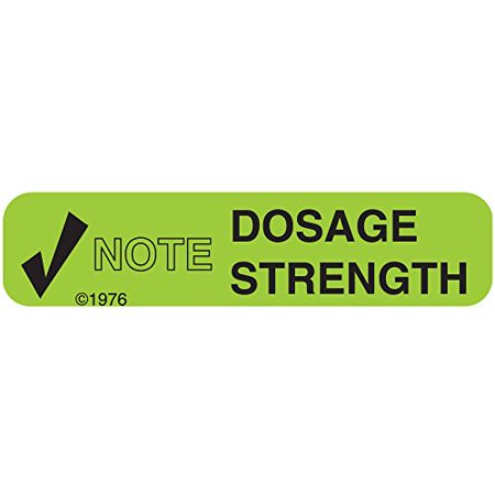 Pharmex 1-53G Permanent Paper Label, Note DOSE Strength", 1 9/16" X 3/8", Green