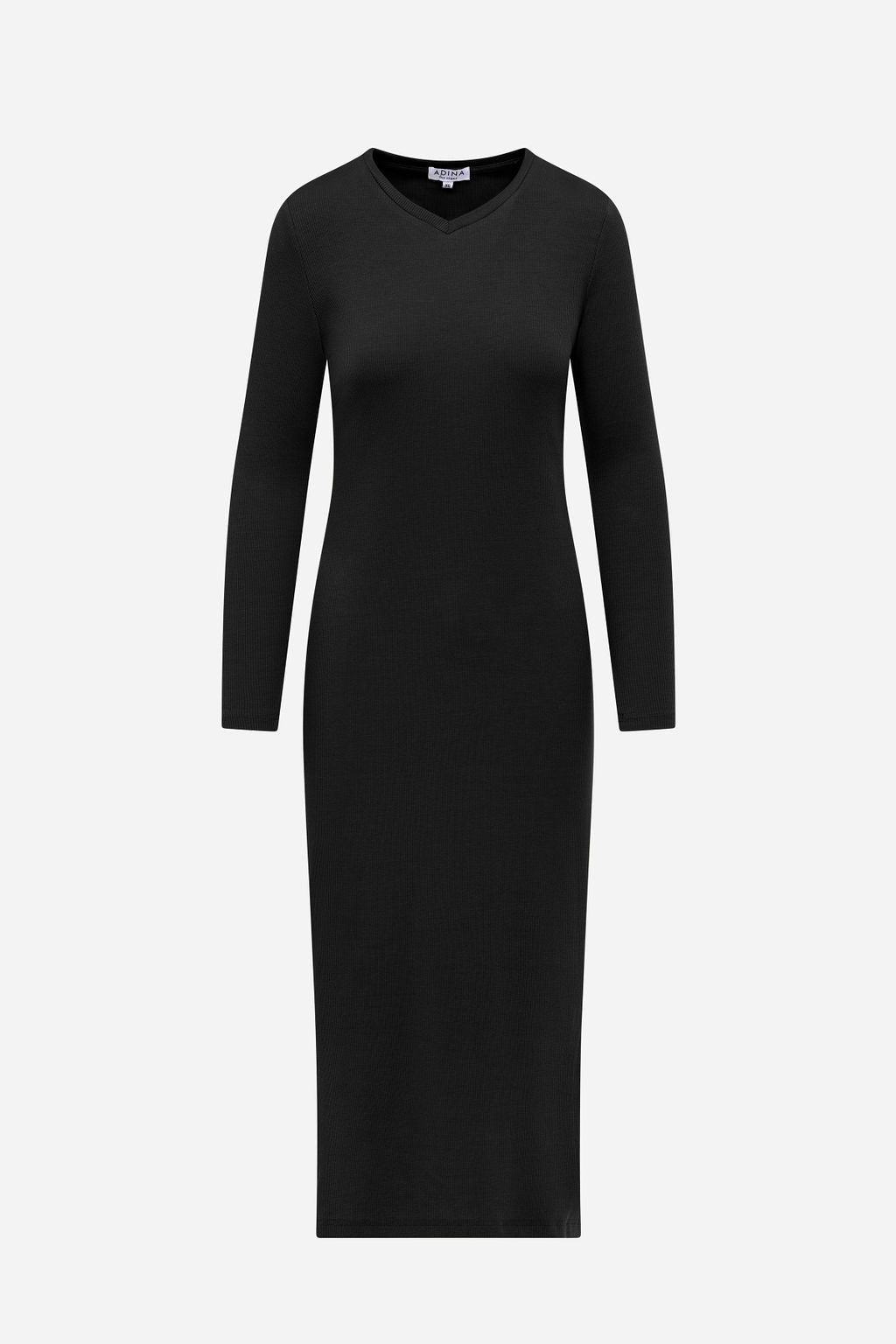 Ribbed V-Neck T-Shirt Dress- Black