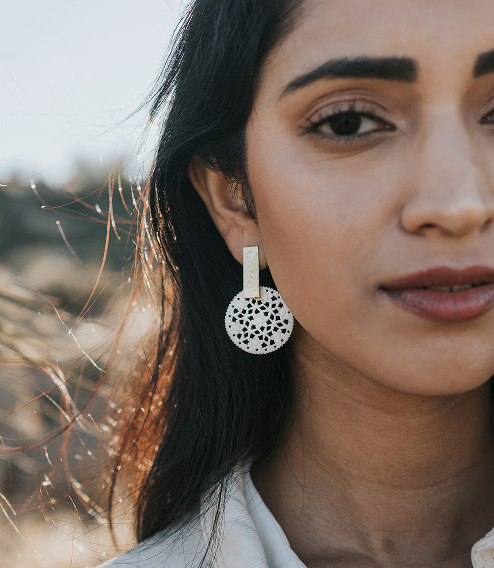 Charu Filigree Bone and Brass Bar Stud Drop Earrings - Osadia Concept Store
