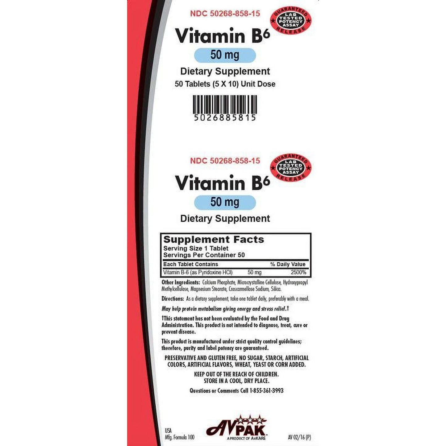 AvKARE Vitamin B6 Tablets, 50mg