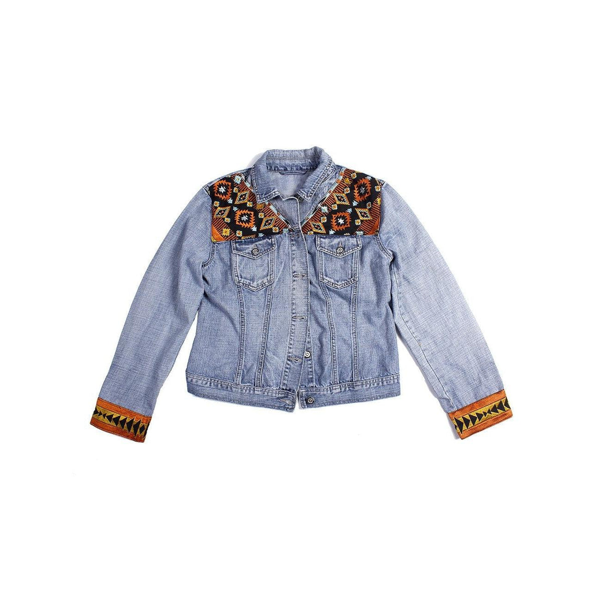 One-of-a-Kind Embroidered Tween Flower Denim Fringe Jacket - Thailand