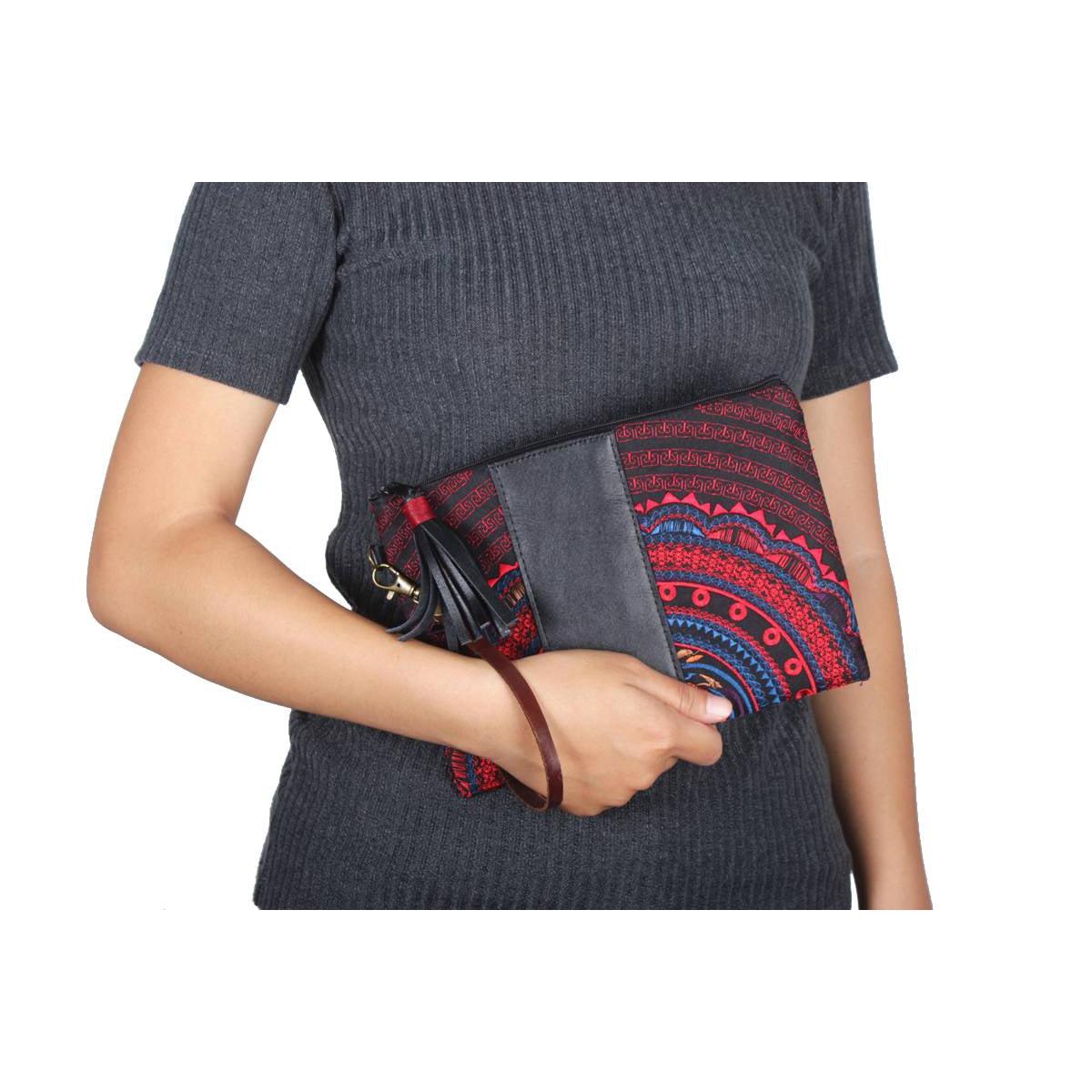 Sugar Skull and Tribal Wristlet with Leather Trim - Thailand