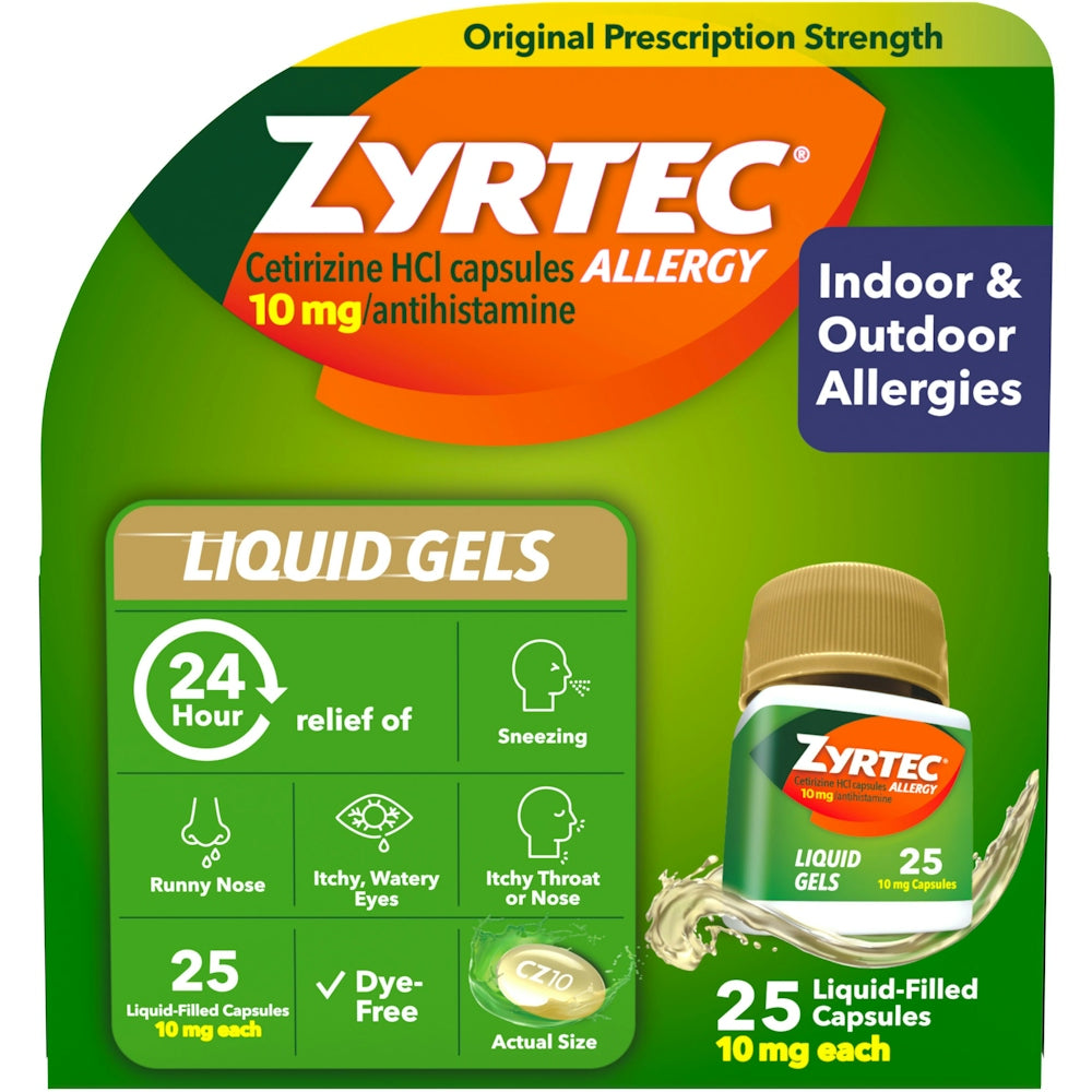 Zyrtec 24 HR Indoor/Outdoor Allergy Relief Liquid Gels Capsules, Cetirizine HCI Antihistamine