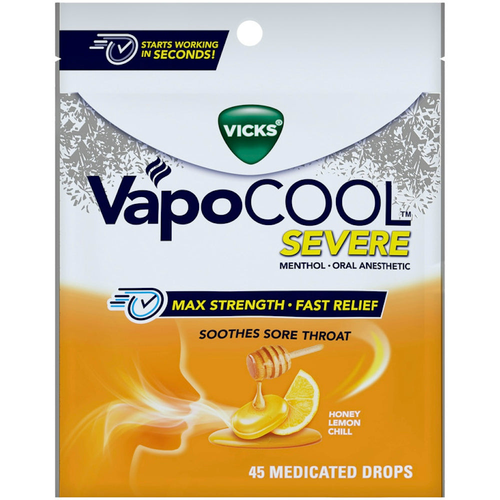 Vicks Vapo Cool Severe Medicated Lozenges, Honey Lemon Chill, 45 Drops – Soothe Sore Throat Pain Caused By Cough