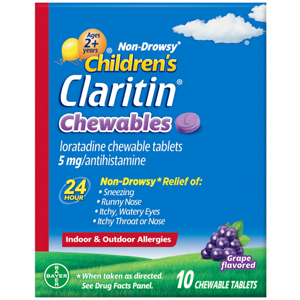 Claritin Indoor & Outdoor Allergies, Non Drowsy, 5 Mg, Chewable Tablets, Grape Flavored, Ages 2+ Years
