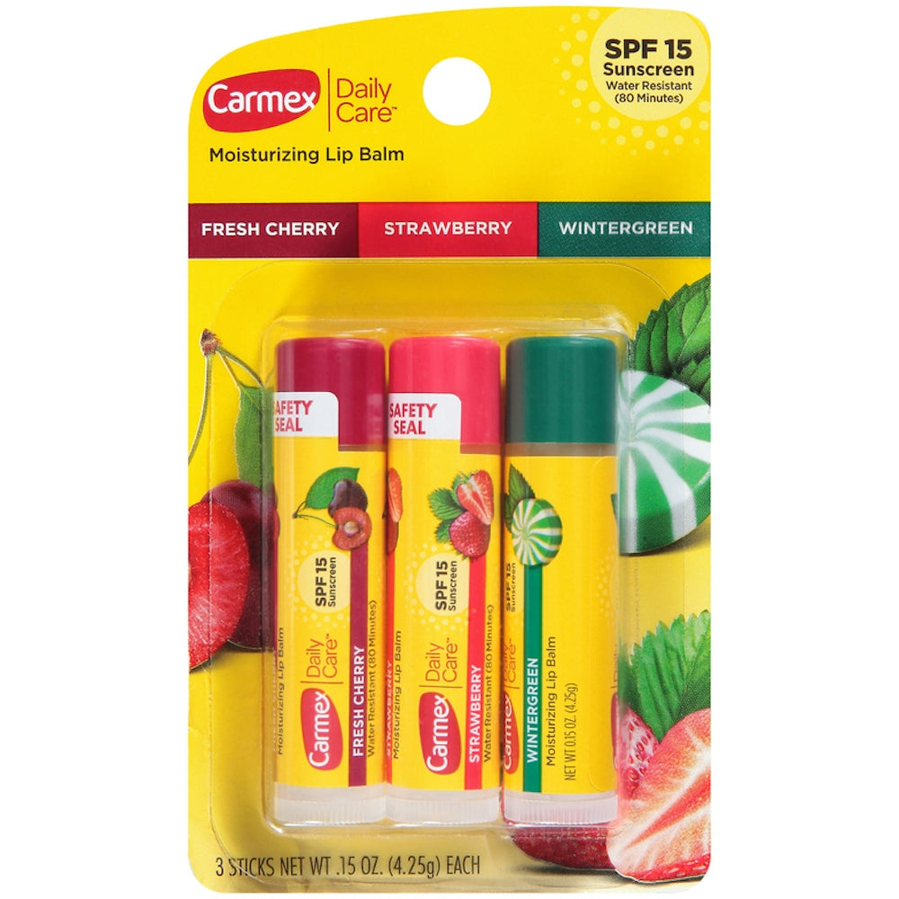 Carmex Daily Care Lip Balm, Moisturizing, Fresh Cherry/Strawberry/Wintergreen, SPF 15