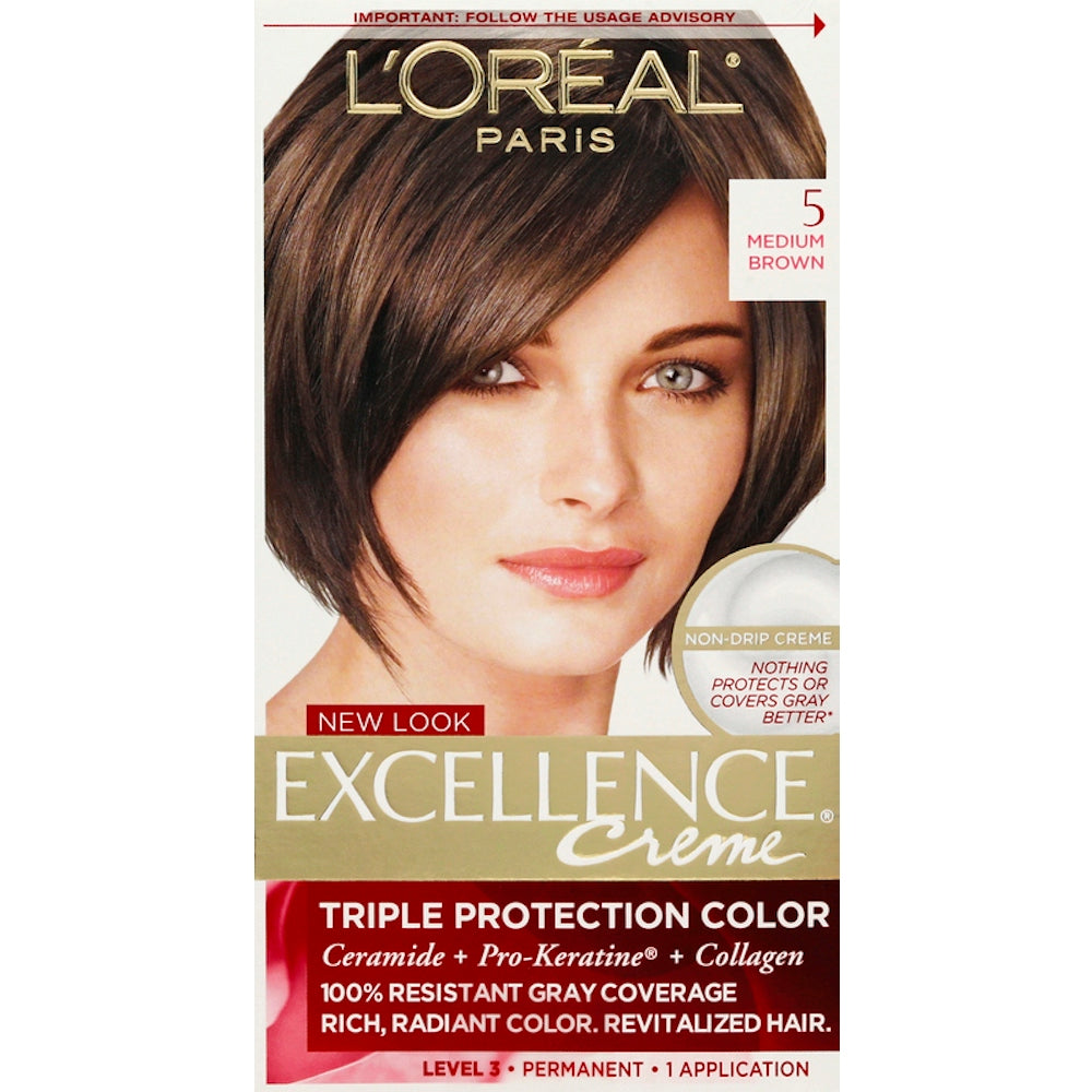 Excellence L'Oreal Paris Créme Permanent Triple Protection Hair Color, 5 Medium Brown, 1 Kit