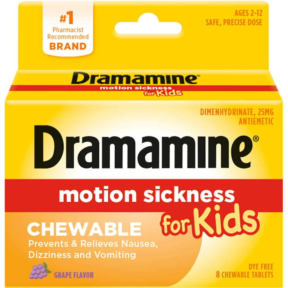 Dramamine Kids Chewable Motion Sickness Relief Tablets For Nausea, Dizziness & Vomiting - Grape - 8ct