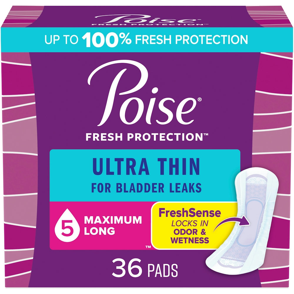 Poise Ultra Thin Incontinence Pads, 5 Drop Maximum Absorbency, Long Length