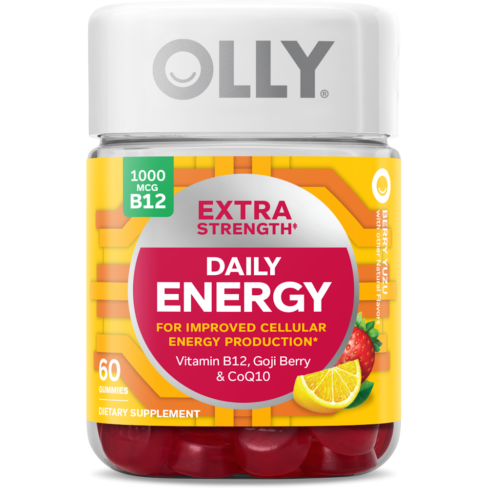 Olly Extra Strength Daily Energy Gummy, Caffeine Free, 1000mcg Vitamin B12, CoQ10, Goji Berry, Adult Chewable Supplement, Berry Yuzu Flavor