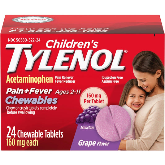 Tylenol Acetaminophen, Pain + Fever, 160 Mg, Chewable Tablets, Grape Flavor