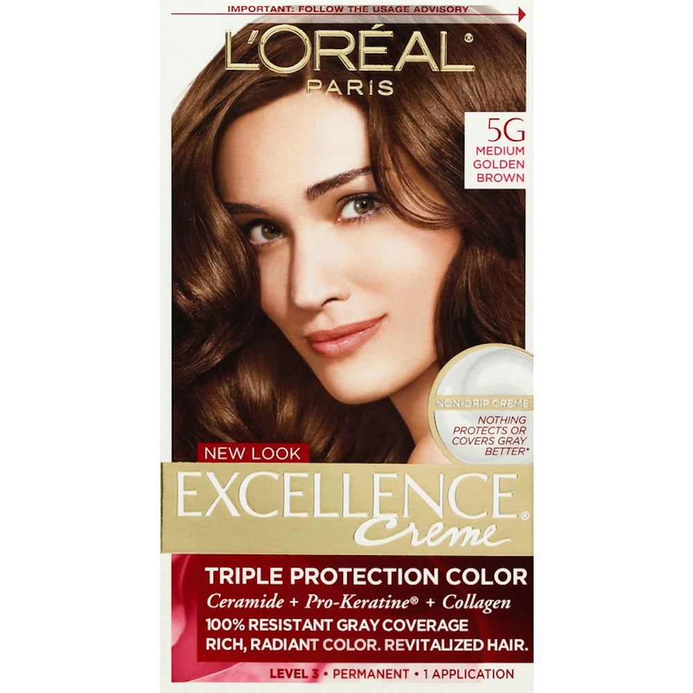 Excellence L'Oreal Paris Creme Permanent Triple Care Hair Color, 5G Medium Golden Brown, 1 Kit