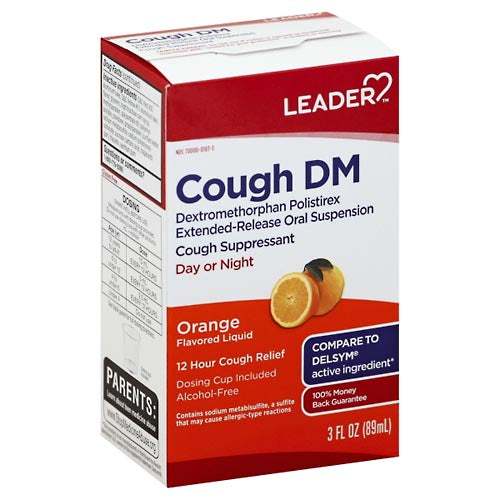 Leader Cough DM 12-Hour Extended Release Liquid – Orange Flavor (3 fl oz) – Non-Drowsy Cough Suppressant Suspension