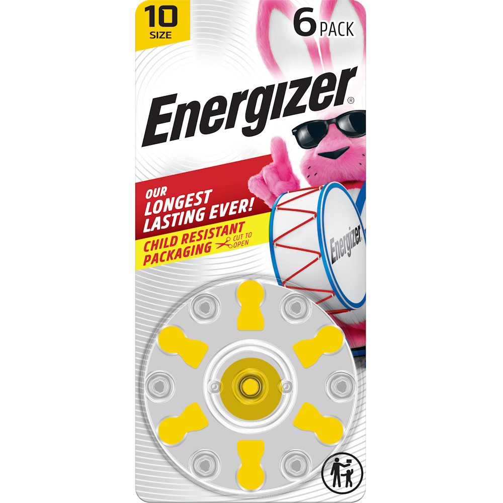Energizer Hearing Aid Batteries, Size 10, Yellow Tab, 6-Pk