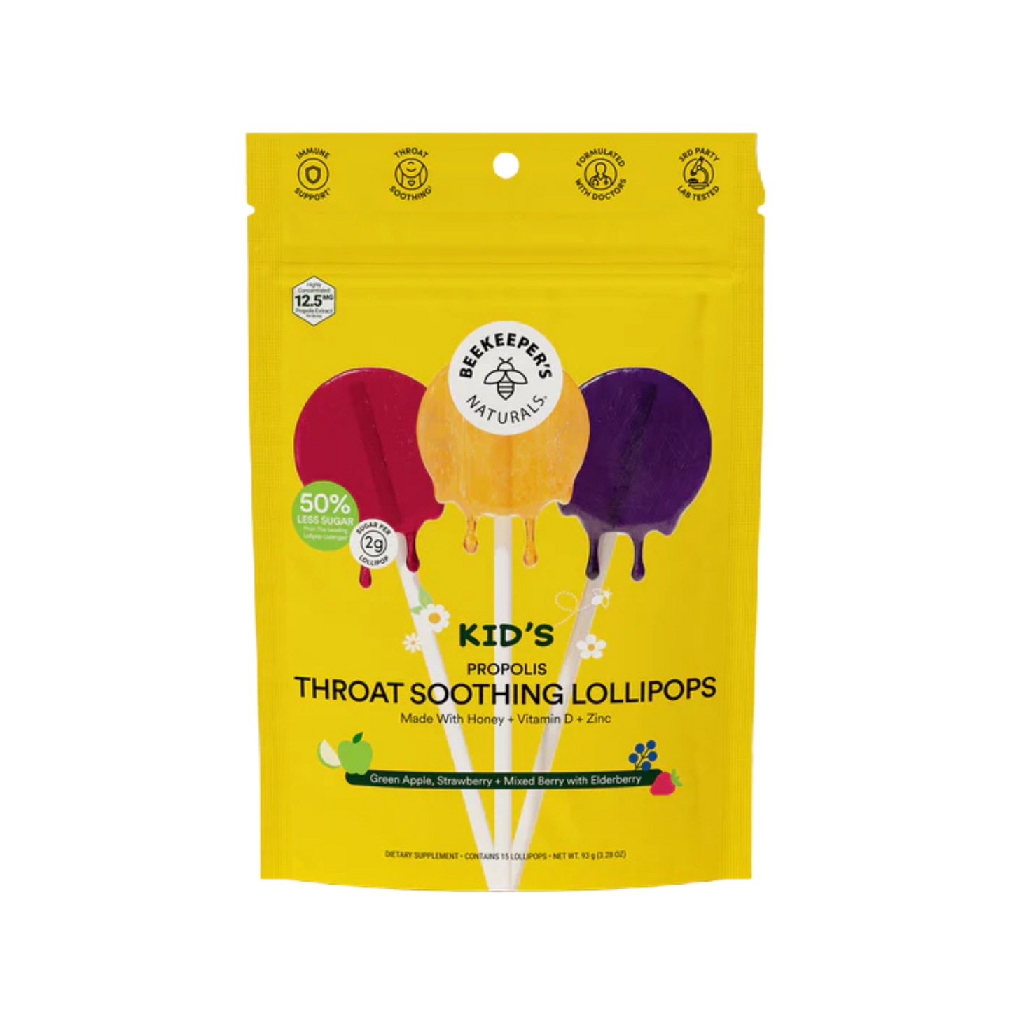 Beekeeper's Naturals Throat Soothing Lollipops, Kid's, Green Apple, Strawberry + Mixed Berry With Elderberry