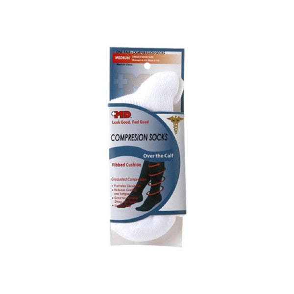 MD Ribbed Cushion Over The Calf Compression White Socks Medium