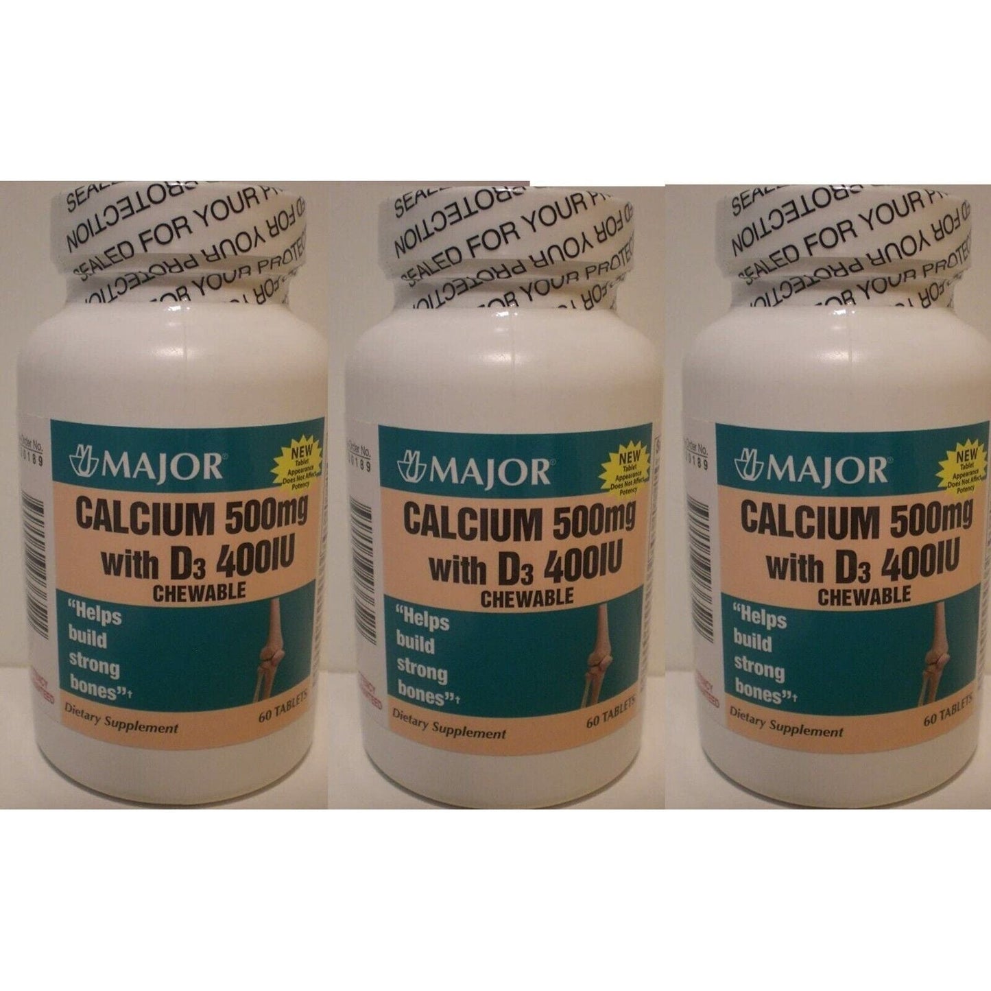 Major Calcium Lime 500mg With D3 400IU Chewable 60 Counts X 3 Packs