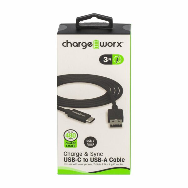 Charge Worxs Chargeworx CX4626BK 3ft USB-C To USB-A Sync & Cable, Black